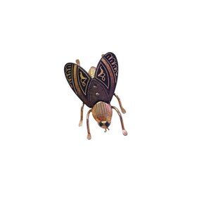 Vtg 70s Insect Brooch/Pin Gold Tone Black Enamel Wings Geometric Pattern Wings